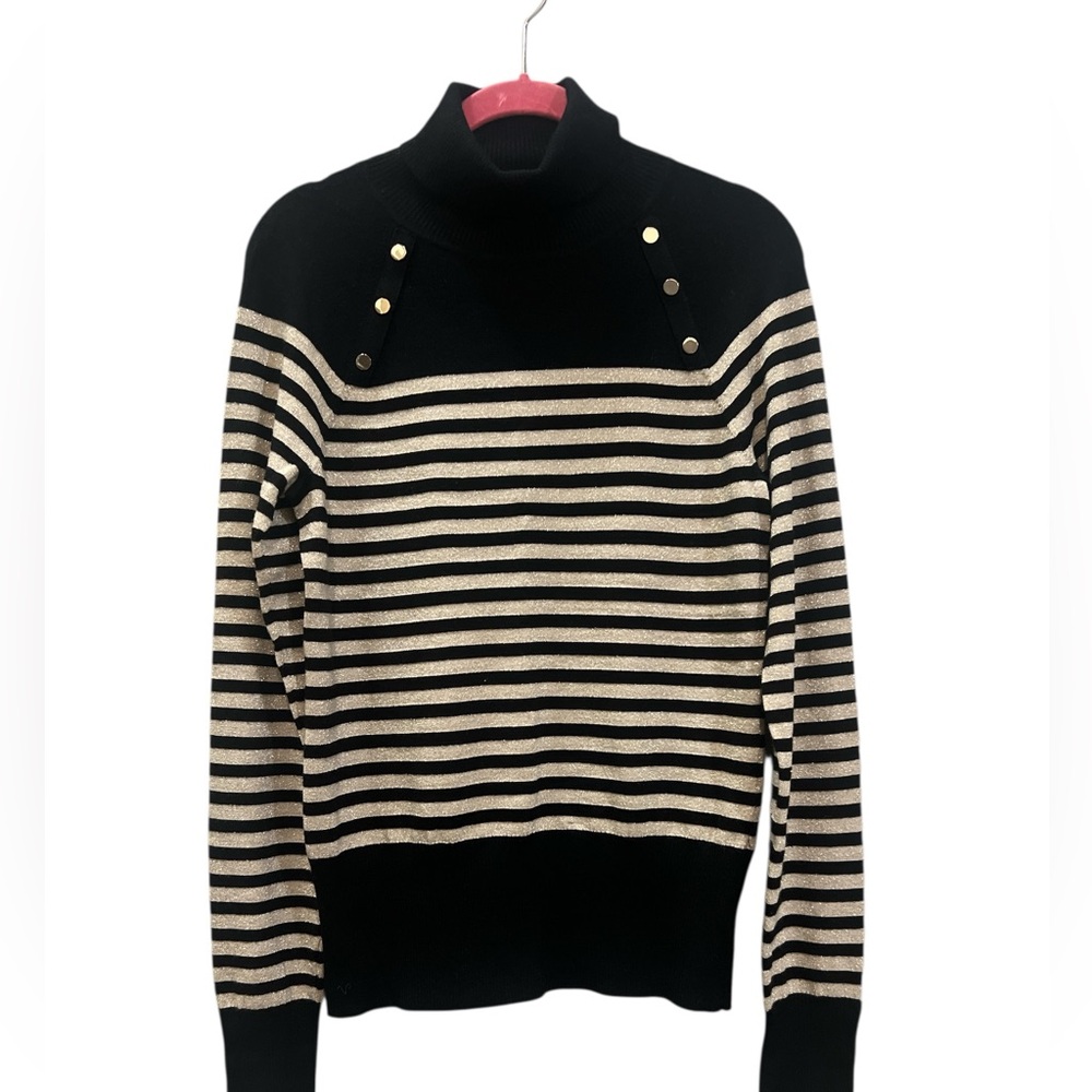 White House Black Market Women’s Gold and Black Striped Turtleneck Sweater Large